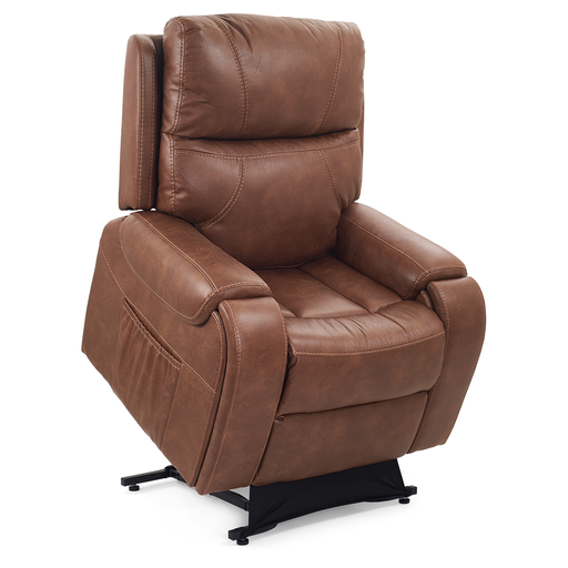 Titan lift chair pictured in Acorn.  The lift chair is positioned up in the lifted position