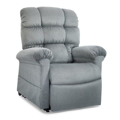 Golden Technologies Cloud PR510MLA Shown in sterling in the seated position.  These chairs help people stand up from a seated position easier.