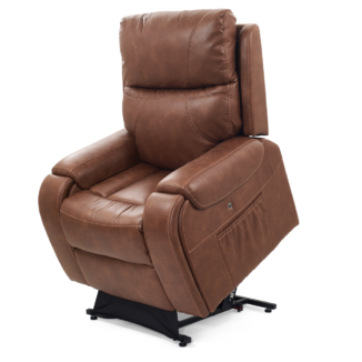 This is a brown leather lift chair shown in the lifted position. These chairs help someone stand up out of their chair.
